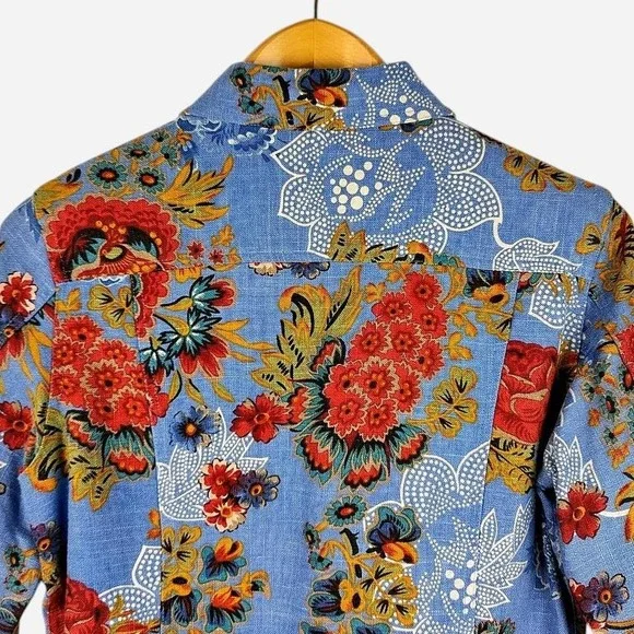 Coldwater Creek Blue Floral Linen Rayon Jacket Polka Dot Lined Size PM - Picture 4 of 7